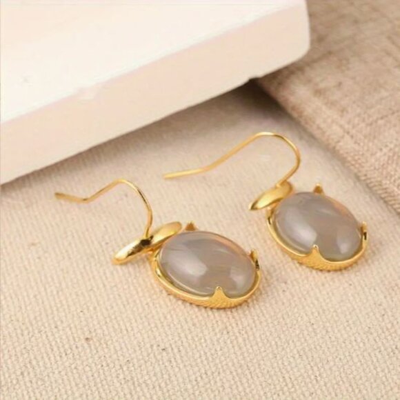 NEW Minimalist 18K Gold Plated Gray Cabochon Drop Earrings - Picture 3 of 5